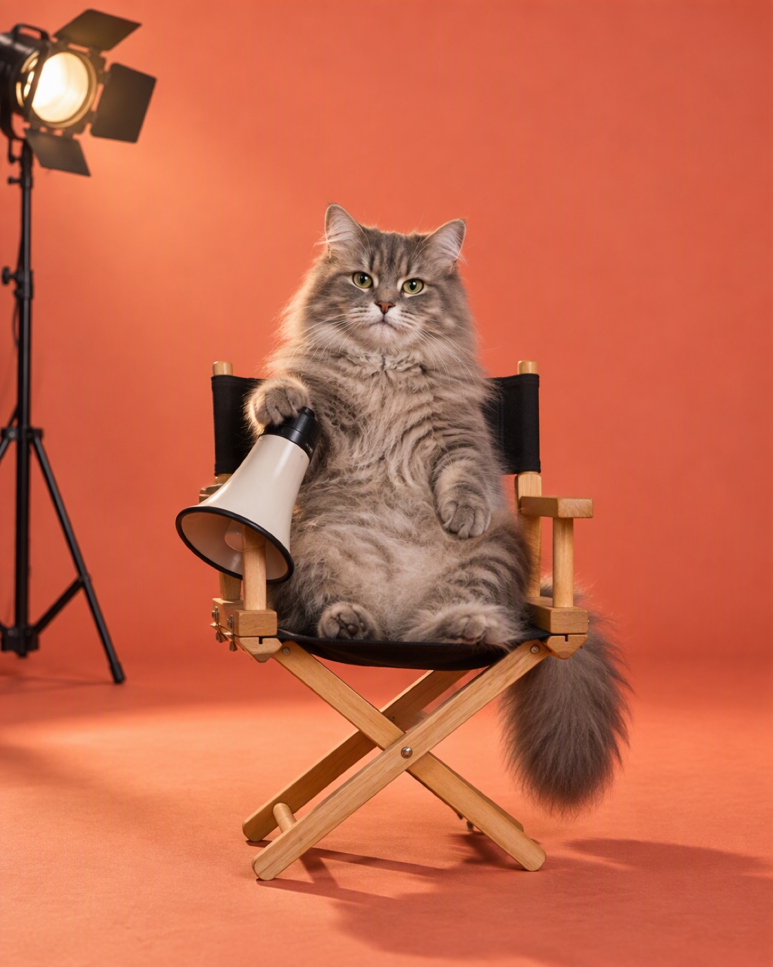 A grey cat sitting in a director's chair on a film set