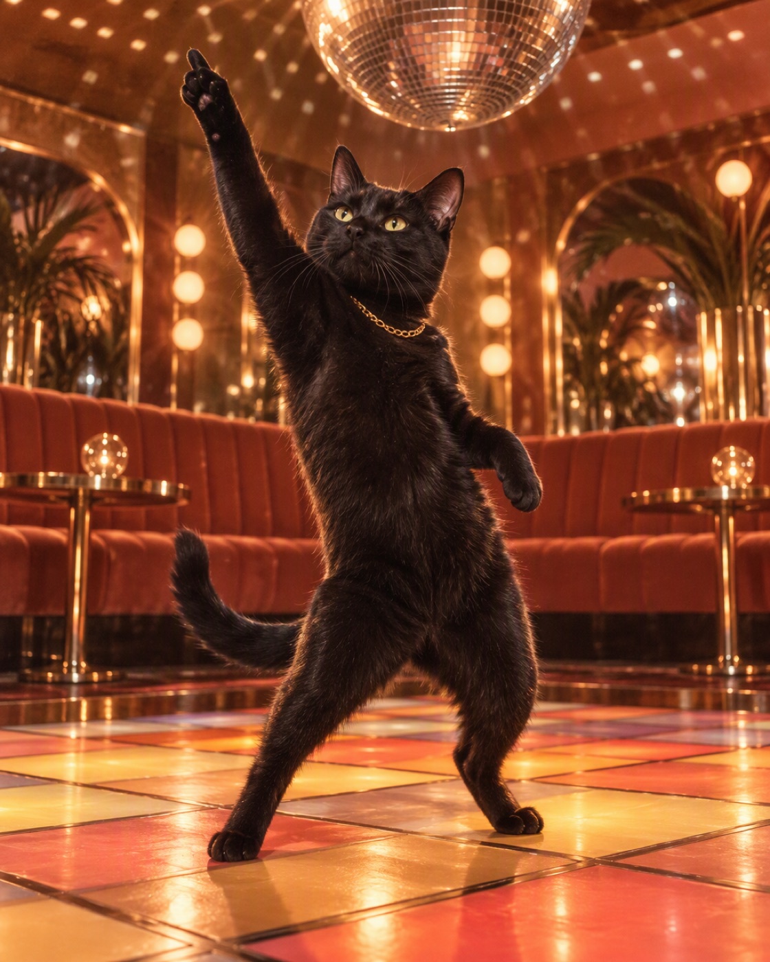 A black cat in a gold chain doing a disco point under a mirror ball