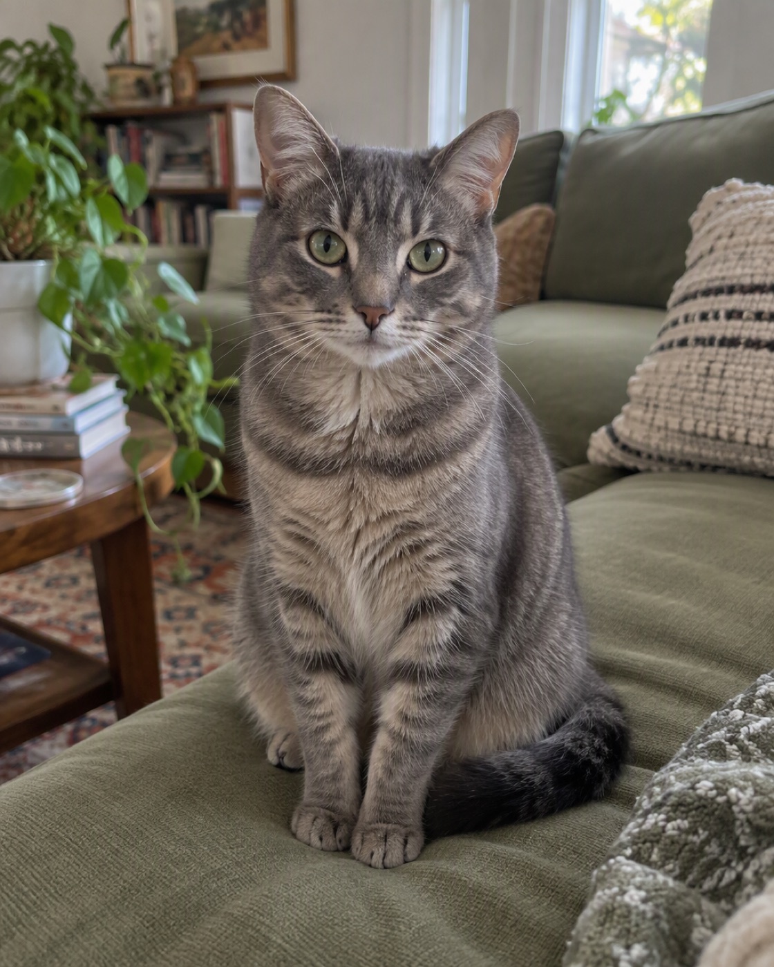 A normal photo of a grey tabby cat sitting on a sofa
