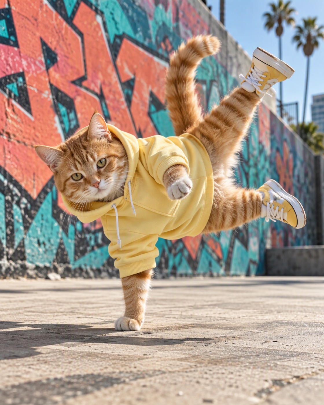 A ginger cat in a yellow hoodie holding a street dance freeze